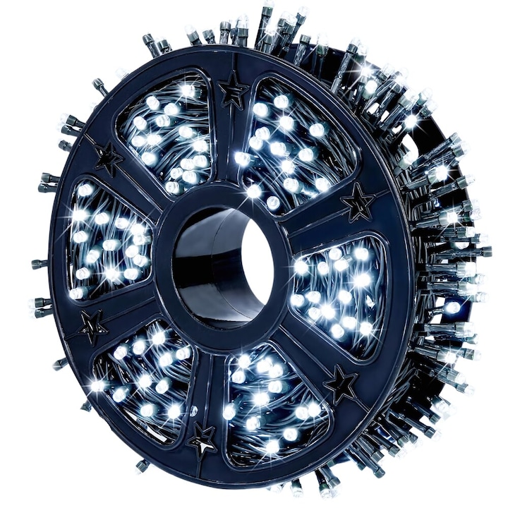 Novatek® LED Fényfüzér 50m Hideg Fehér – 8 Fényjáték, Fekete Kábel, IP44, Beltéri és Kültéri Használatra, Elegáns Ünnepi Világítás, Hosszú Élettartam, 220V Tápellátás – Ideális Dekoráció Ünnepekre és Különleges Eseményekre
