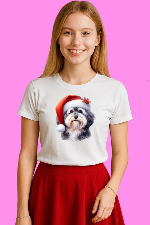 Tricou Dama Shih Tzu Craciun Cu Par Lung, Alb