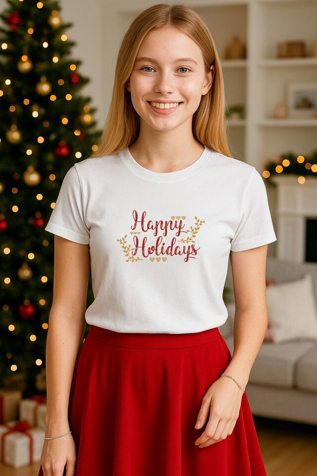 Tricou Happy Holidays, Dama, 100% Bumbac, Cri-Flo, Culoare Alb