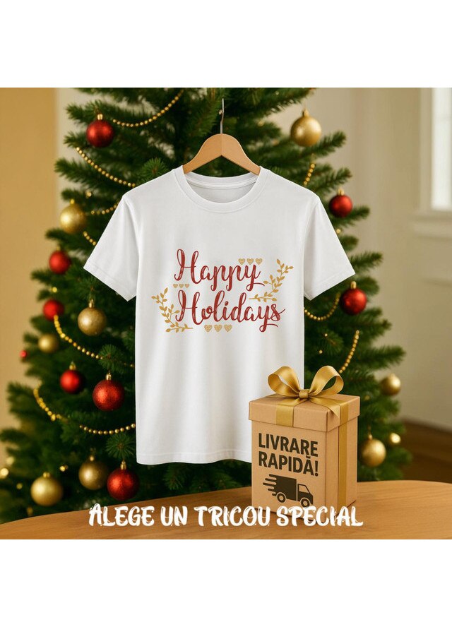 Tricou Happy Holidays, Dama, 100% Bumbac, Cri-Flo, Culoare Alb