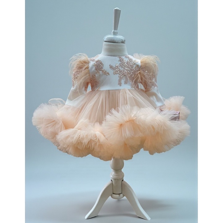 Rochita eleganta fetite cu pene si tull pufos, model de ocazie pentru botez, aniversare, cu bentita si botosei, piersicuta, 3-6 luni