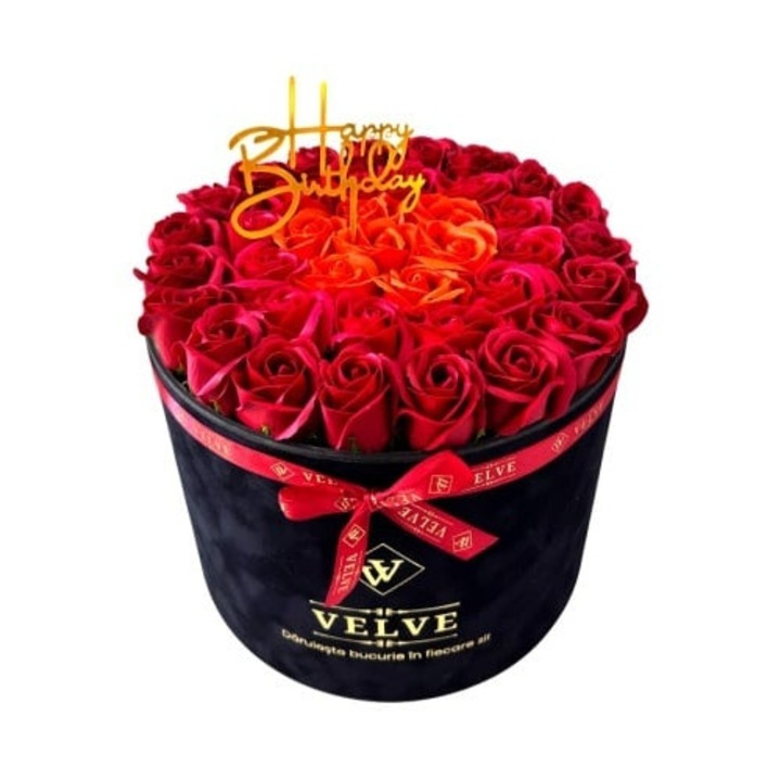Aranjament Floral Majestic, cu trandafiri din sapun bordo, rosii si orange, in cutie neagra de catifea, cu mesaj "Happy Birthday", Velve