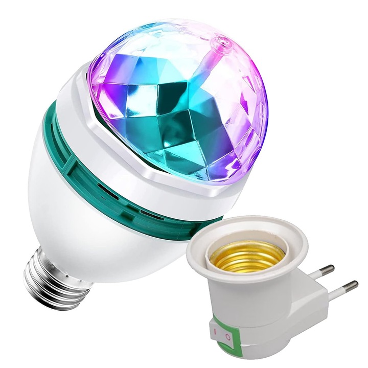 Bec Led rotativ AndrexNET 3W, multicolor, fasung E27, adaptor priza, alb