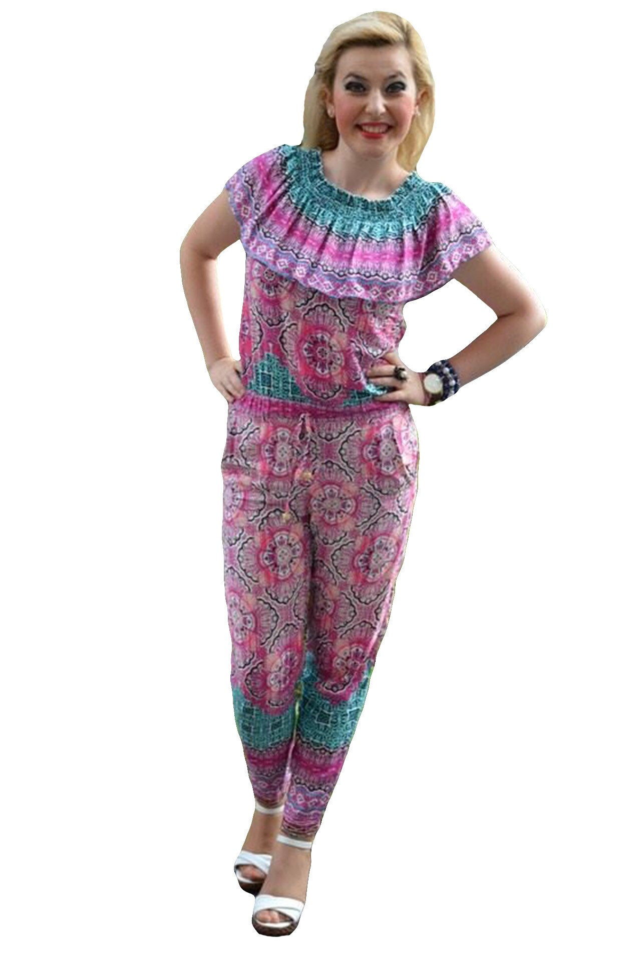 Salopeta moderna de vara cu elastic la decolteu,D&J Exclusive, Roz