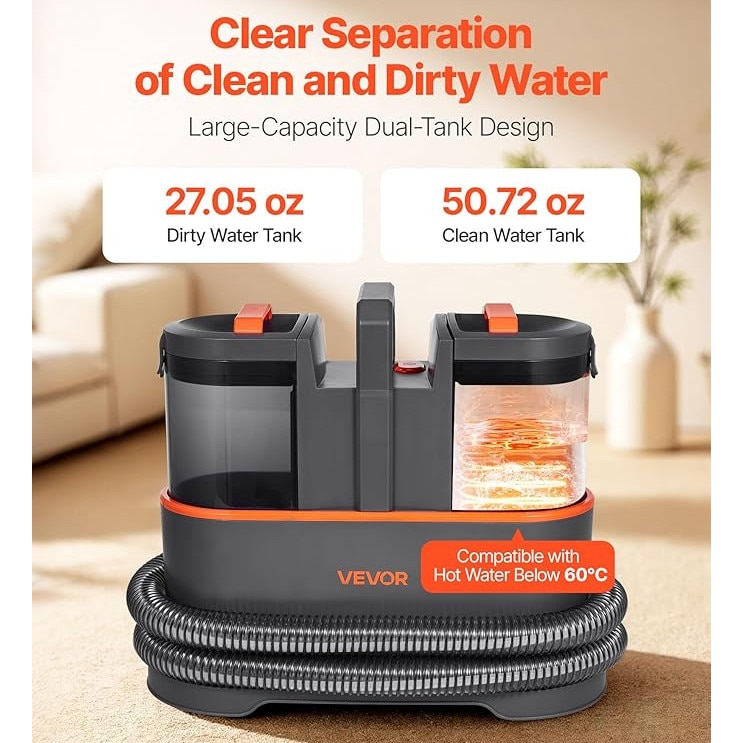 VEVOR Aspirator de curatat covoare, rezervor de apa curata de 1, 5 L si rezervor de apa murdara de 0, 8 L, aspirator portabil pentru tapiterii, aspirator de spalare cu putere de 11, 5 kPa