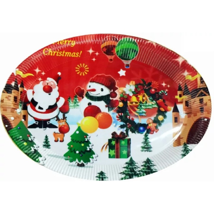 Tava servire Craciun, farfurie festiva rosie, 34x25cm, plastic reutilizabil