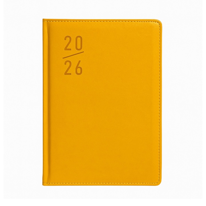 Agenda Clasica A5 datata zilnic, 2026, Coperta din Piele ecologica, include pix, 172 pagini, galben