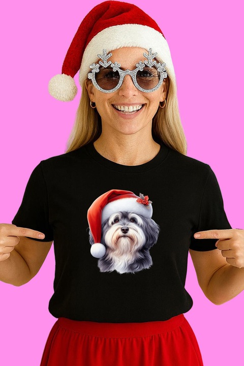 Tricou Dama Shih Tzu Craciun Cu Par Lung, Negru