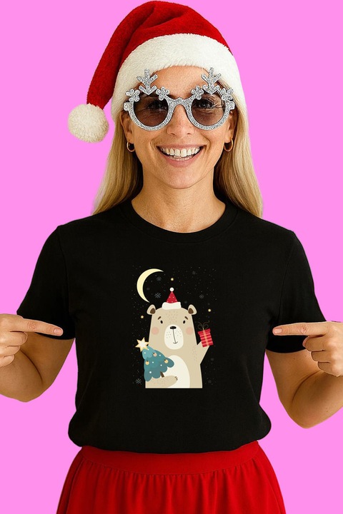 Tricou Dama Urs Polar Cu Brad Si Luna, Negru