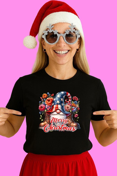 Tricou Dama Gnome Patriott Merry Christmas, Negru