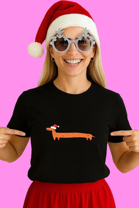 Tricou Dama Catel Lung Cu Caciula Rosie, Negru