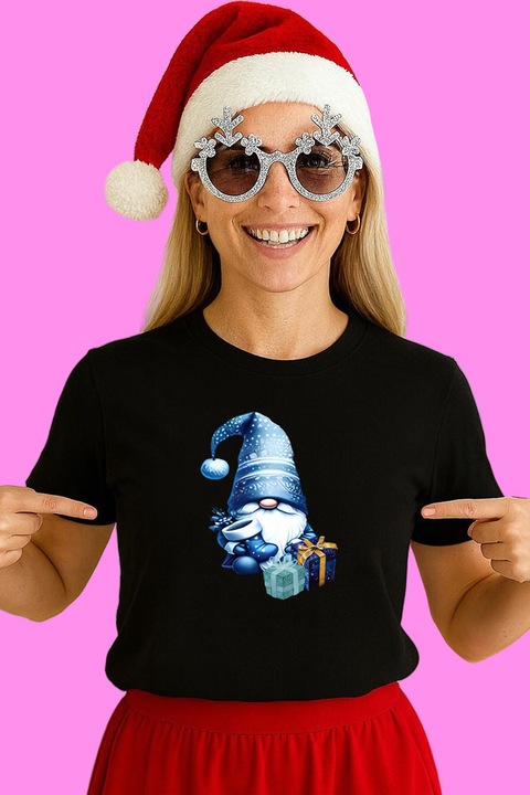 Tricou Dama Gnome Albastru Cu Cadouri, Negru