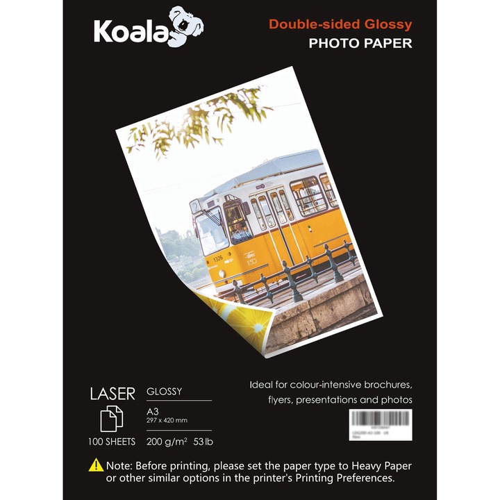 Hartie Foto, Lucios Dubla Fata, Laser, A3, 200g, 100 coli, KOALA