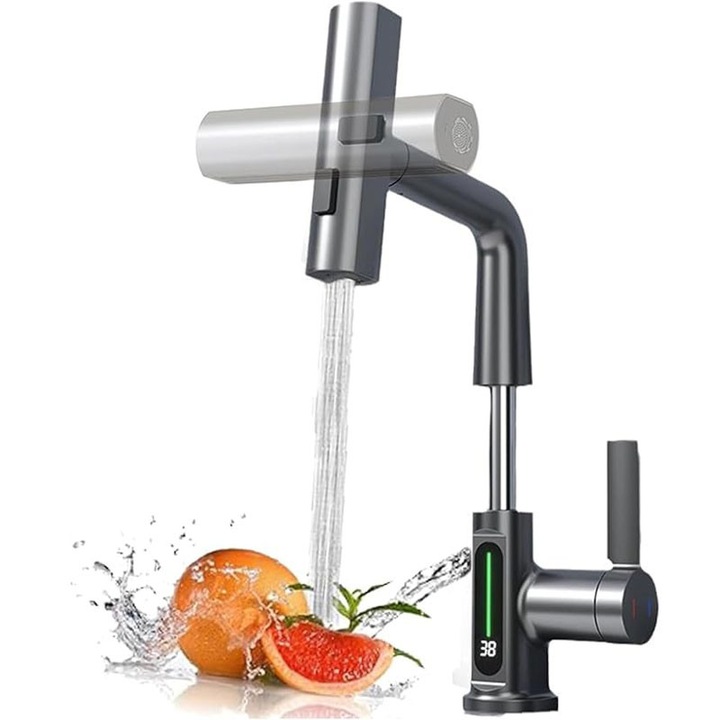 Konyhai mosogató csaptelep, Omelivon, kihúzható és visszahúzható fej, 3 vízsugár mód - levegőztetett/nyomás alatti/vízesés típusú, LED kijelző hőmérséklet-világítással, 360°-os forgatás, sötét fémes szürke