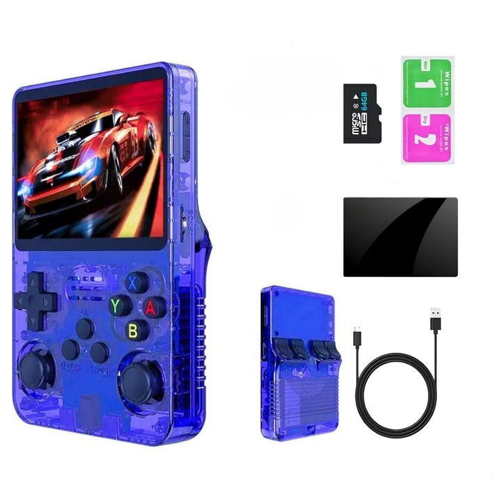 Retró hordozható konzol 15000+ játékkal, Ugonetend R36S, 64GB, 3.5" képernyő, 13+ emulátor tartó, Klasszikus játékokhoz - Kék