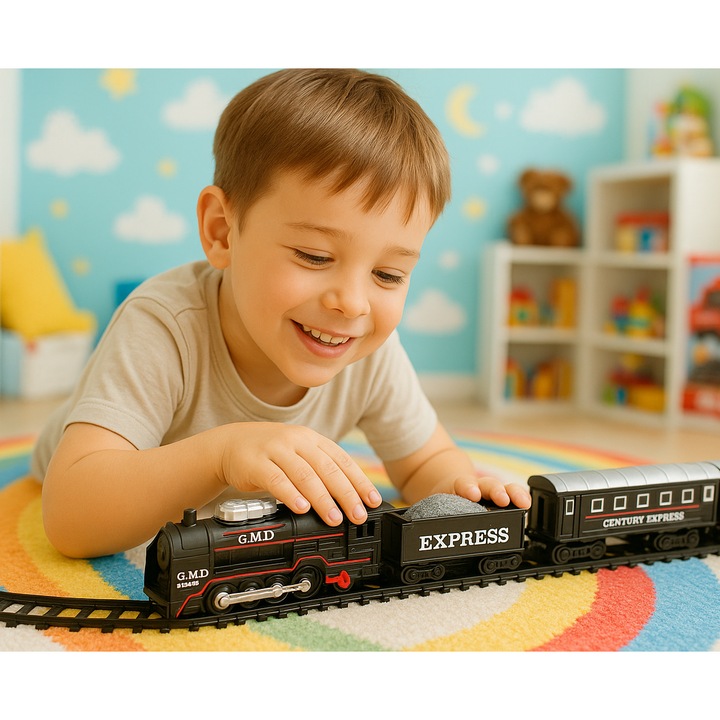 Set clasic tren de jucarie pentru copii, Mini model electric, cu lumini, Locomotiva, Vagoane de marfa, senile si Accesorii, alimentat cu baterii