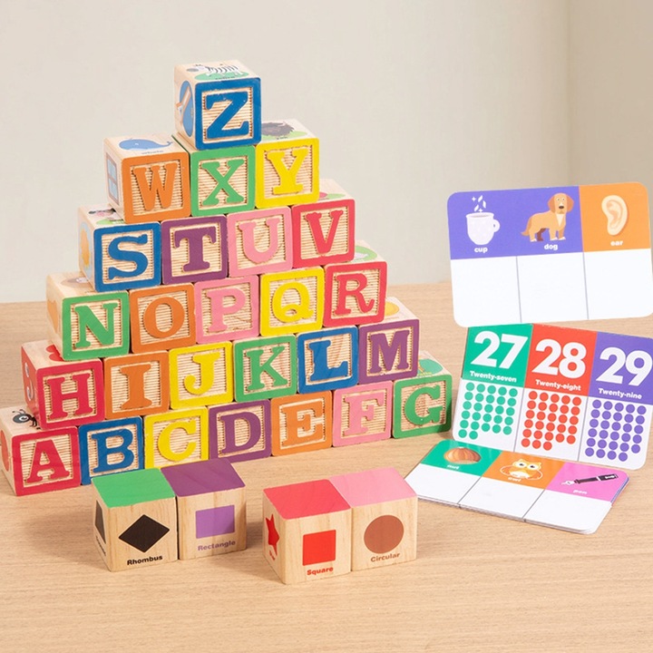 Puzzle din lemn cu literele alfabetului, Kidsbele, 26 litere, jocuri educative, dezvoltare logica, 2-4 ani
