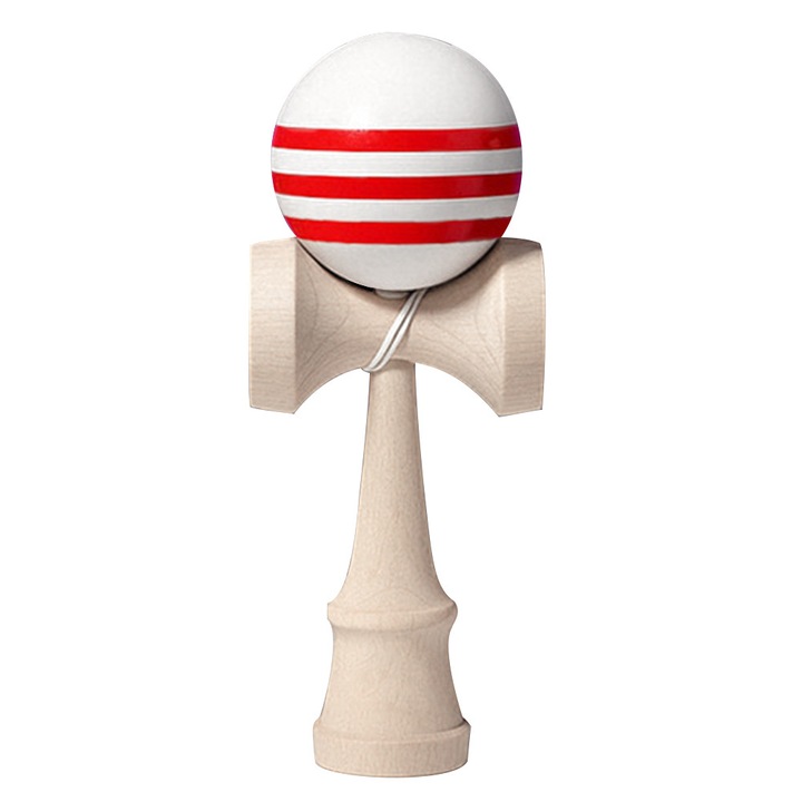 Fából készült kendama, Autocise, fehér, piros csíkokkal, 16x6.5x3.5cm
