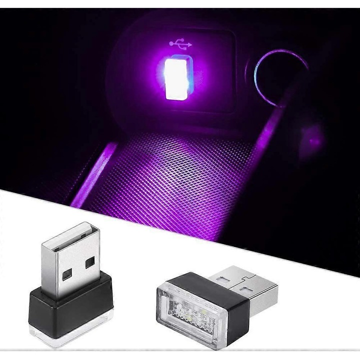 Set 2 Lumini LED USB pentru Interior Auto, Violet, Mini, Multifunctionale
