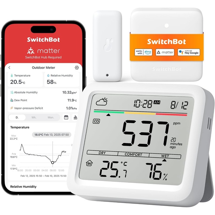 Detector de CO2 WLAN SwitchBot cu termometru-higrometru IP65, senzor pentru smart home, conectivitate WLAN si Bluetooth, set complet