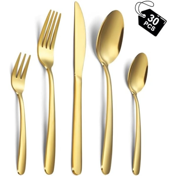 Комплект за 6 души, 30 части титаниев златен комплект прибори за хранене, неръждаема стомана, устойчив на корозия, включващ нож, вилица, лъжица, прибори, подходящ за съдомиялна машина, подходящ за семейни събирания, матово злато