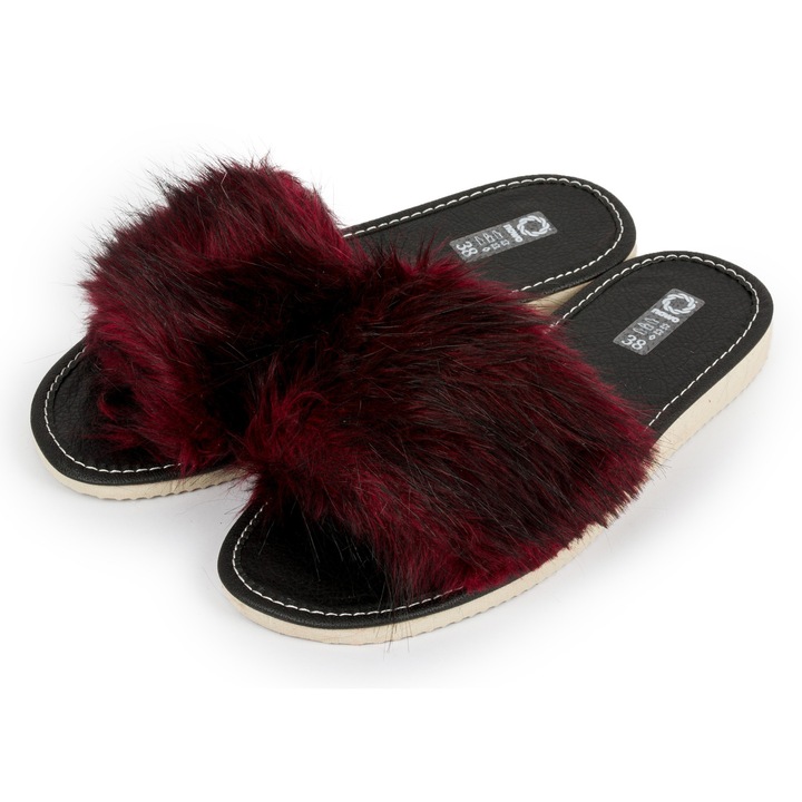 Papuci femei Flip Flops cu blana Papuci la moda si, Bordo cu flori, 39