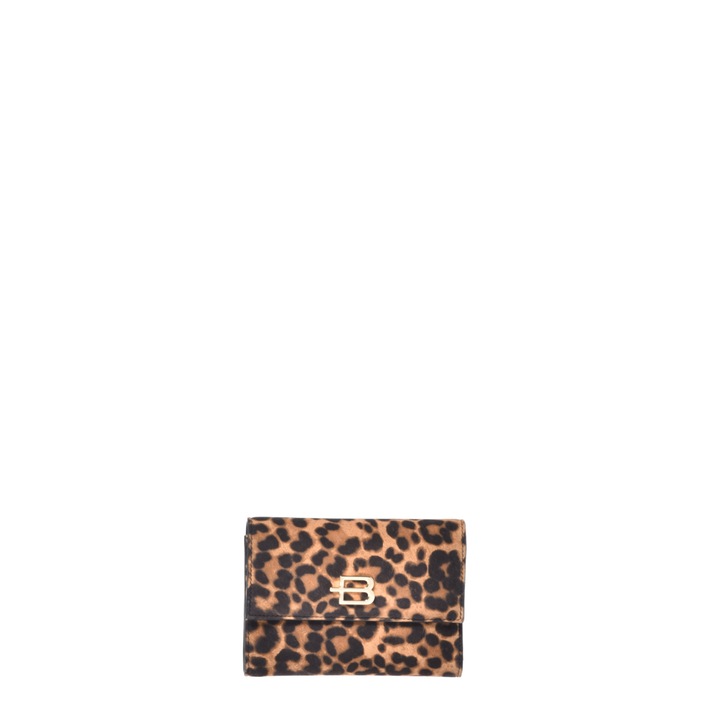 Baldinini, Portofel din piele cu animal print si lant, Negru, Maro
