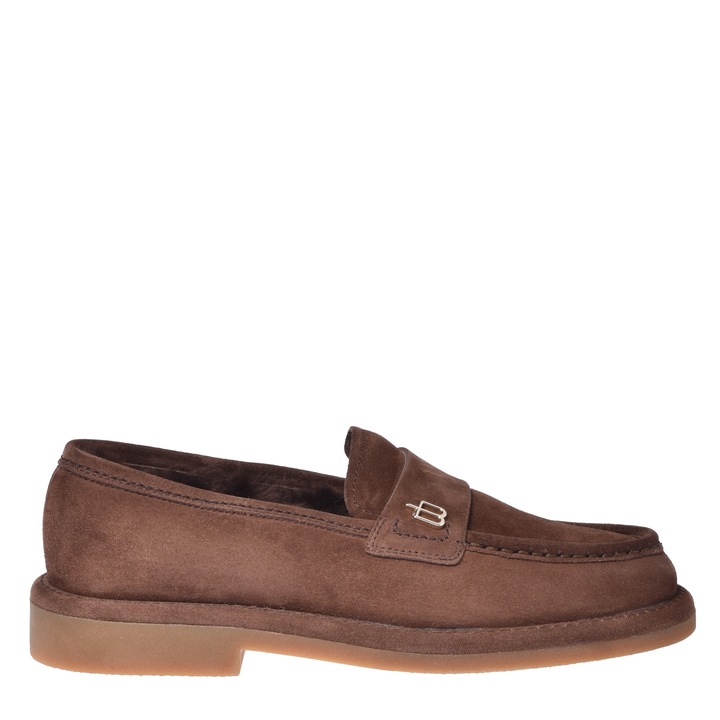 Baldinini, Pantofi loafer din piele intoarsa cu aplicatie monograma metalica, Maro taupe