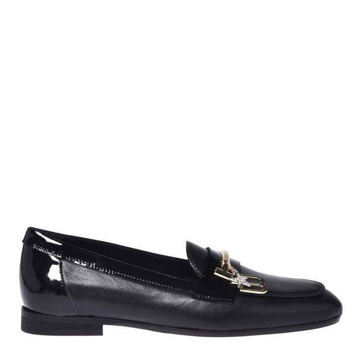 Baldinini, Pantofi loafer din piele cu accesoriu monograma metalica, Negru