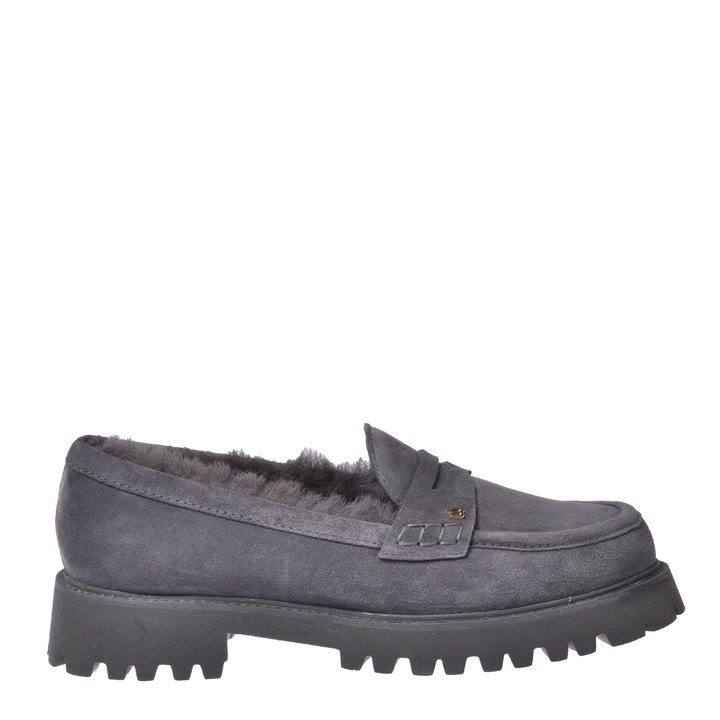 Baldinini, Pantofi loafer din piele intoarsa cu monograma metalica discreta, Gri