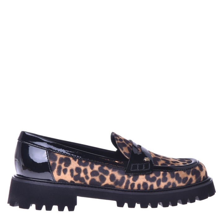 Baldinini, Pantofi loafer din piele cu animal print, Negru/Maro