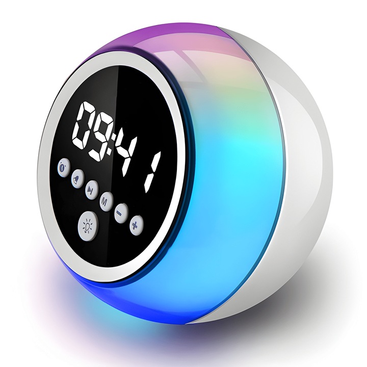 Многофункционален будилник Teno®, Bluetooth, функция за аларма, радиофункция, RGB светлини, висока автономност, кръгъл