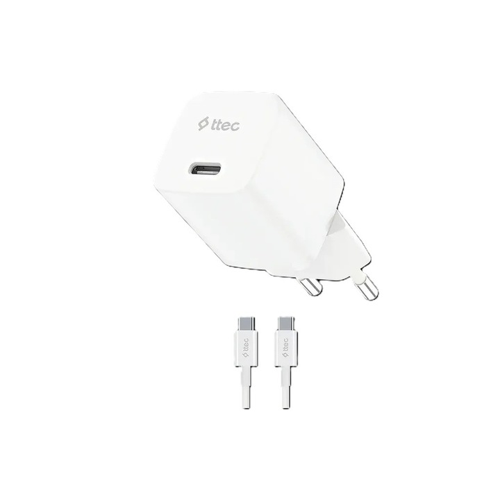 Încărcător ttec, 220V, SmartCharger, GAN, 30W PD, Încărcător rapid de călătorie, cablu USB-C - USB-C 60W, alb