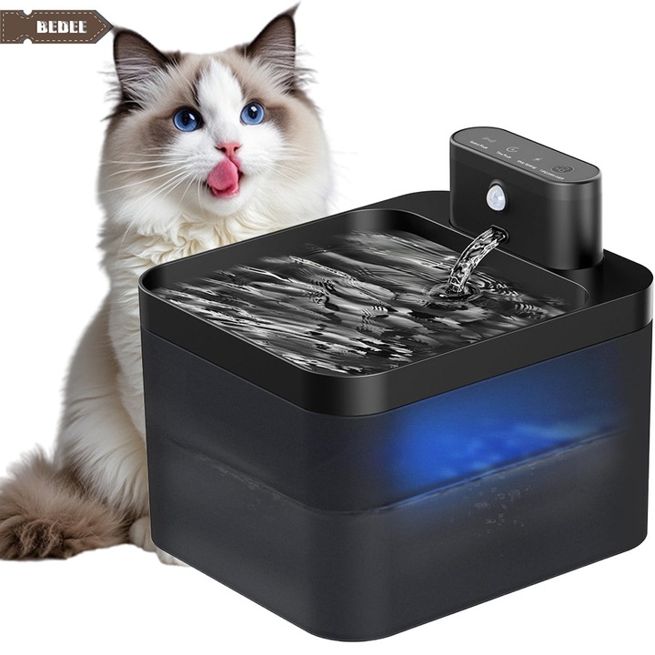 Автоматичен диспенсър за вода за котки и кучета, Bedee, 2,2 л фонтан за пиене за котки, фонтан за пиене за котки, безшумна водна помпа с LED, захранвана от батерии 2600 mAh, висококачествена филтрация, без BPA, черен