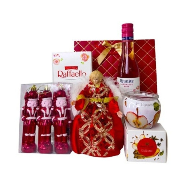 Pachet Christmas Delight, cu inger decorativ, vin Rose, praline Raffaello, set globuri spargatori de nuci si lumanare parfumata, in cosulet rosu, Velve