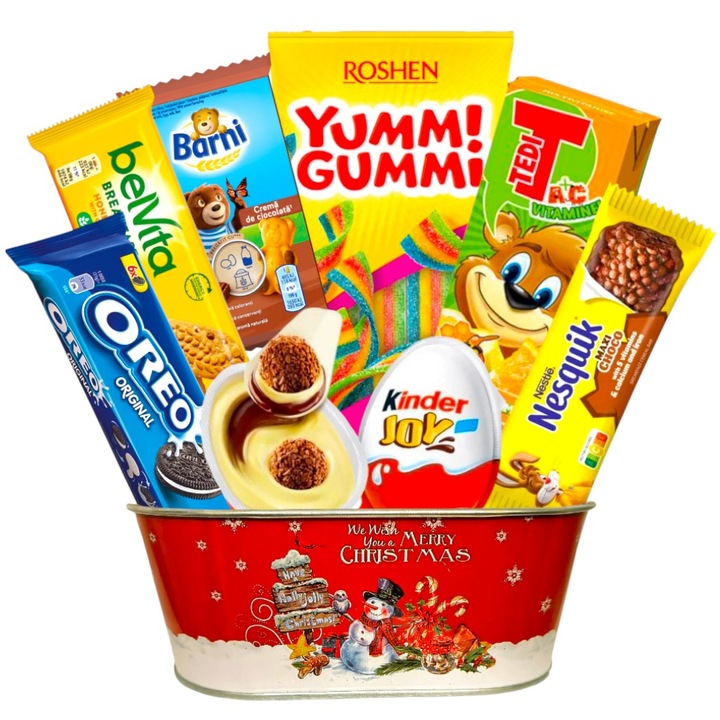 Pachet Cadou Copii Craciun & Mos Nicolae, model Kids Joy, cu Ou Kinder, Suc Tedi, Oreo, Nesquik, Barni, Belvita, Jeleuri Yummi Gummi, in cosulet metalic, ambalat festiv, surpriza pentru cei mici - by CADOURI RAFINATE ®