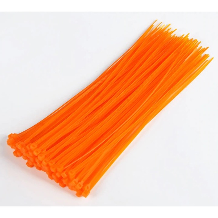 Set Cleme De Prindere, Neopak, Rezistente La Actiunea Grasimilor, Uleiurilor, Radiatiilor Uv, Diametru Max Legaturii 50 mm, Forta Minima De Rupere 8 kg, Material Plastic, 200 x 2.5 mm, Portocalie, 100 Buc