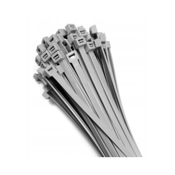 Set Cleme De Plastic, Neopak, Rezistente La Actiunea Grasimilor, Uleiurilor, Radiatiilor Uv, Forta De Rupere 18 kg, Diametrul Max Tubului 77 mm, 300 x 3.6 mm, Gri, 100 Buc