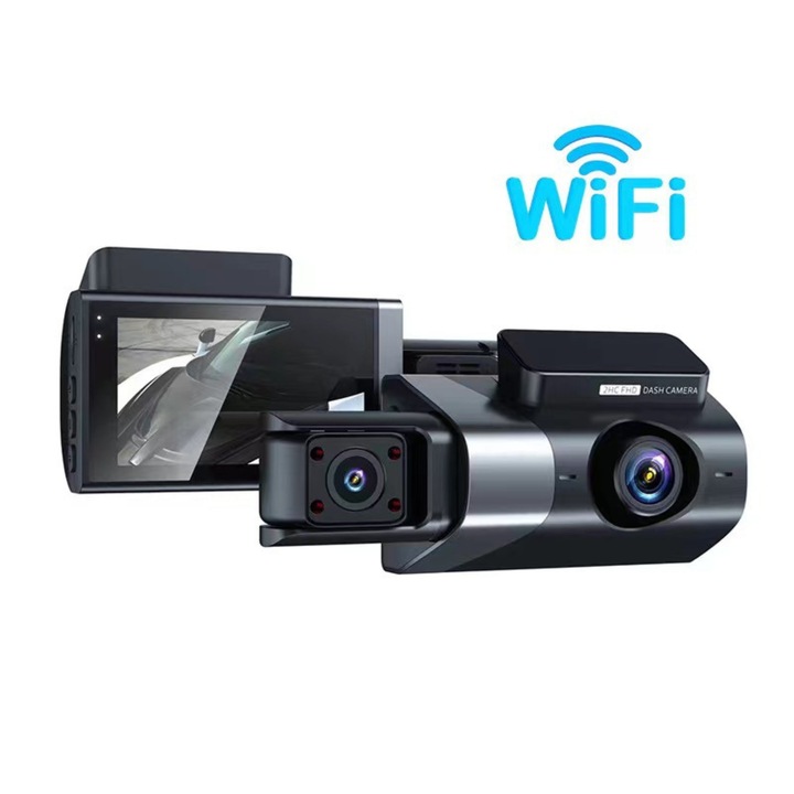 Autós kamera, VEXOMAT HF-WSWV12-40H + tripla UHD kamera, 1080p, 170 fokos szög, éjjellátó, G-szenzor, Wi-Fi, 2,4” és 3” képernyő, folyamatos rögzítés elöl/belül/hátul – teljes körű védelem a forgalomban