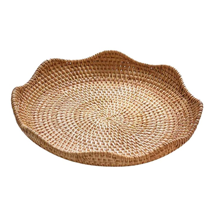 Fructiera din ratan impletit, model cu margini ondulate (3D), rezistenta la umezeala si insecte, natural, 25 cm