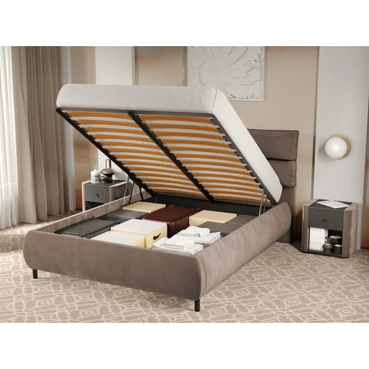 Pat Tapitat Cairo, Rabatabil cu Perne pe Spatar, 180x200, Cappuccino/Velluto 29