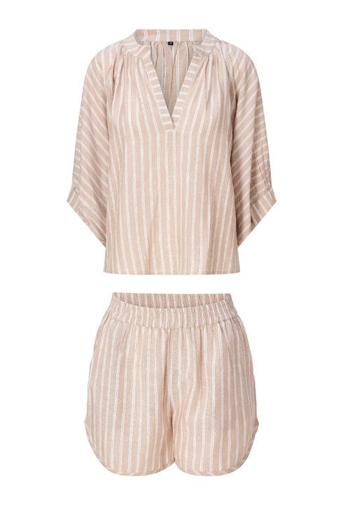 LingaDore, Set de pantaloni scurti si bluza supradimensionata cu model in dungi - 2 piese, Bej