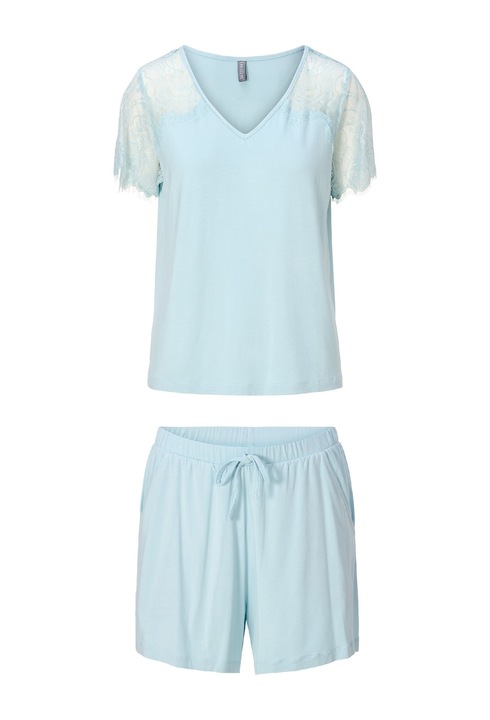 LingaDore, Pijama cu pantaloni scurti, decolteu in V si insertii florale din dantela, Albastru