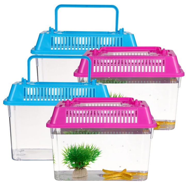 Set 4 piese acvariu portabil pentru pesti Betta si testoase, plastic, dimensiuni mici