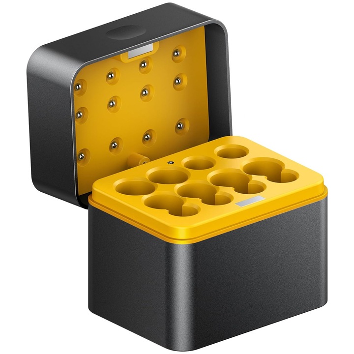 Incarcator baterii 8 sloturi, statie de incarcare 3-in-1 pentru AA/AAA (Li-ion, LiFePO4, IMR), incarcare rapida USB-C, indicator LED tricolor, Negru/galben, 1 buc