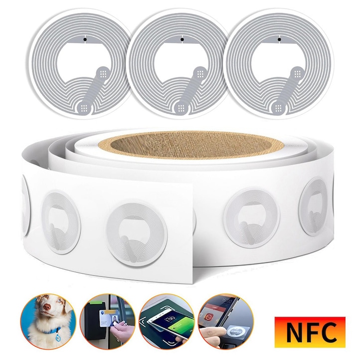 Set 50 Tag-uri NFC autoadezive, AjieQaQ®, NFC215, compatibil cu Amiibo/Tagmo, PVC, suprafata este neteda, Stralucitoare si rezistenta la uzura, Diametru de 25 mm, rotunde, 13.56mHz, Programabil, Scriere, Citire, Alb
