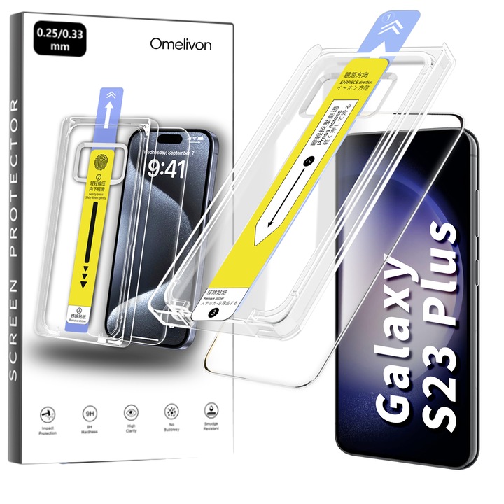 Folie de Protectie pentru Samsung Galaxy S23 Plus, Omelivon, Sticla Securizata, cu Kit de Aplicare Instanta si Functie Automata de Indepartare a Prafului, Duritate 9H+, Ultra HD, Anti Ampren