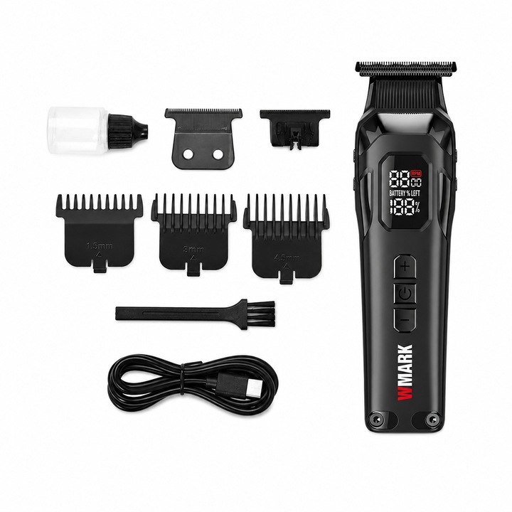 Masina de Contur Profesionala WMARK NG-8280, Motor 8000 RPM, Acumulator Li-Ion 2000mAh, Autonomie 300 Minute, Display LED, Incarcare USB Type-C, Lame 9CR DLC + Ceramic Blade, Extra Set Cutite