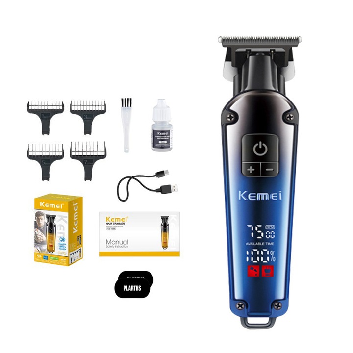 Masina de Contur Profesionala, KEMEI, Motor puternic 7500rpm, T-Blade, Display LCD, Type C, 4 Inaltatoare