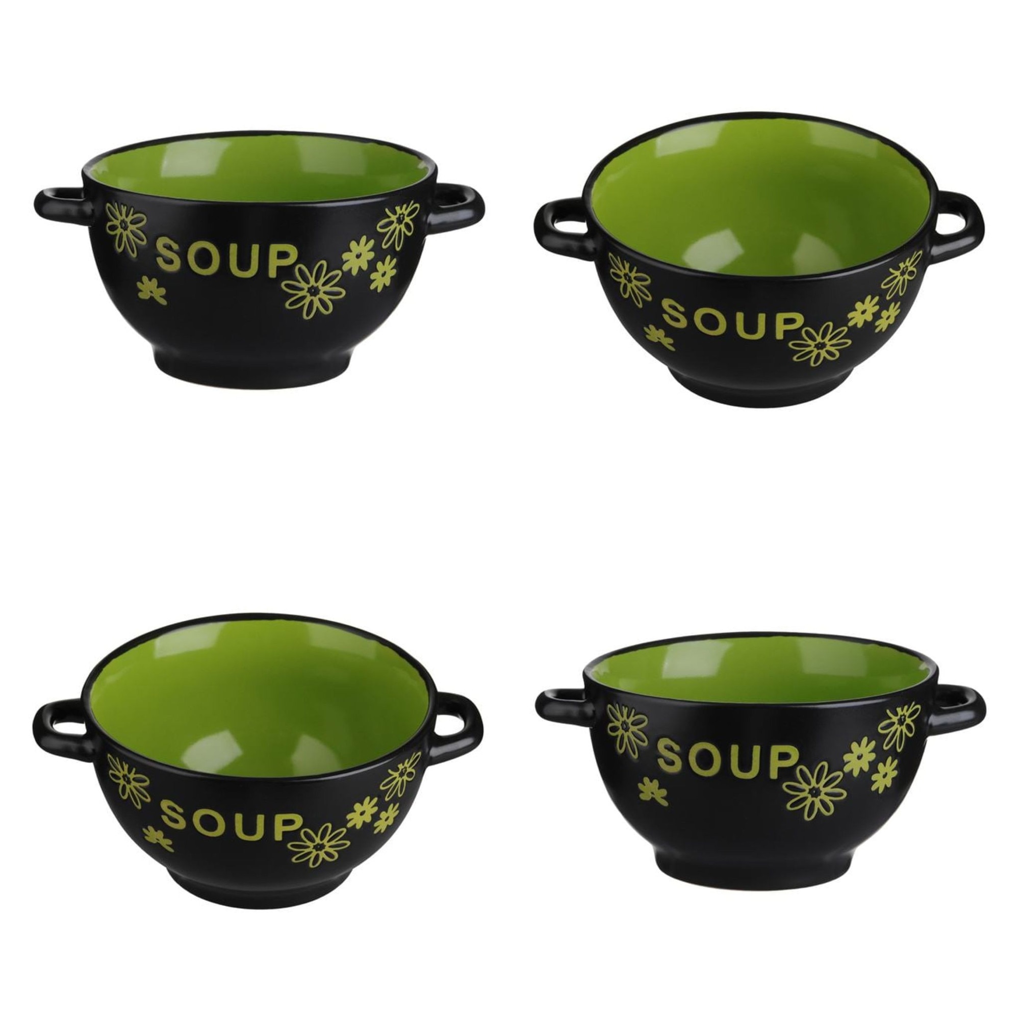 Set de 4 boluri de ceramică Soup Negru-Verde, 700 ml